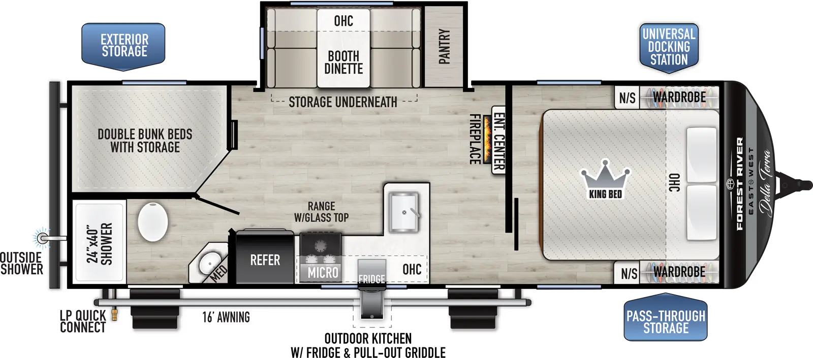 The Della Terra 241BH floorplan has two entries and one slide out. Exterior features include: metal exterior, 16' awning and outside kitchen. Interiors features include: bunk beds and front bedroom.